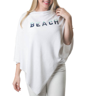 White One Size Poncho with BEACH embroidered in ombre blue