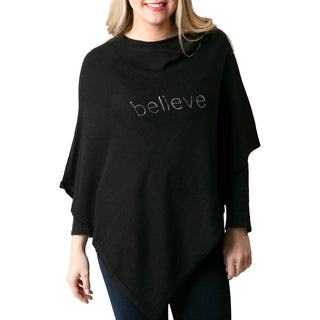 black knit poncho shawl with believe in silver sequins