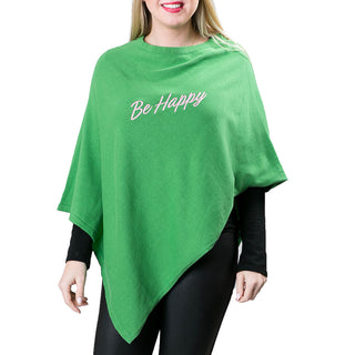 Green knit poncho shawl with Be Happy in pink embroidery