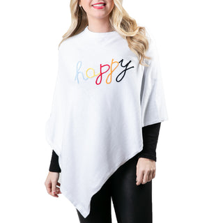 White One Size Poncho with multicolor embroidered happy