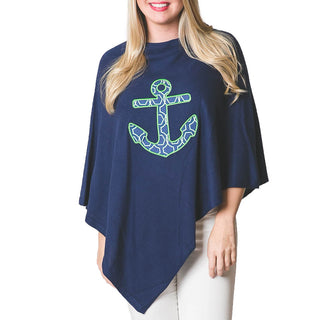 Navy Blue One Size Poncho with navy with green geometric anchor