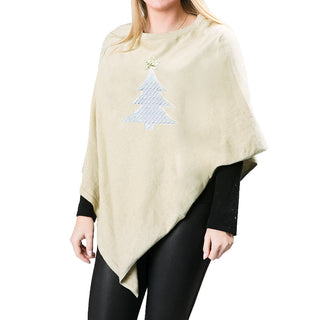sand knit poncho shawl with white cable knit Christmas tree