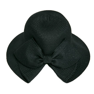 Black folded brim hat with bow, back view