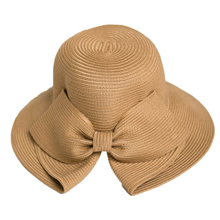 Natural folded brim hat with bow, back view