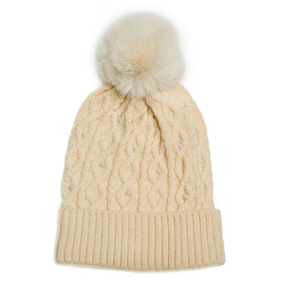 Cream Cable Knit Pom Pom Beanie Hat with Pearl Detailing