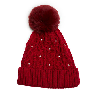 Red Cable Knit Pom Pom Beanie Hat with Pearl Detailing
