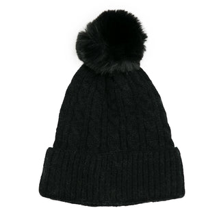 Black Cable Knit Pom Pom Beanie Hat
