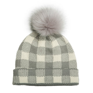 Gray and white checker beanie hat with pom pom