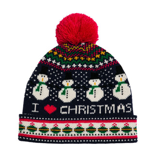 Navy "I Love Christmas" Pom Pom Hat with Snowman