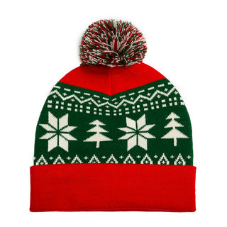 Red and Green Pom Pom Hat with Tree and Snowflake Motif