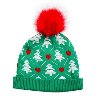 Green Beanie Hat with Christmas Tree Pattern and Faux Fur Pom Pom