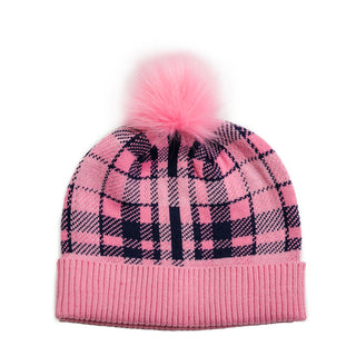Pink and Navy Plaid Beanie Hat and Faux Fur Pom Pom