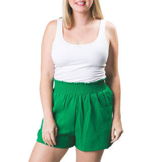 Kelly Green colored loose shorts with high-waisted stretchy elastic waistband 