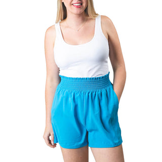 Blue Opal colored loose shorts with high-waisted stretchy elastic waistband 