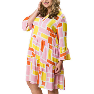 Pink, orange and yellow block printed tiered dress with long, bell sleeves and V-neck 