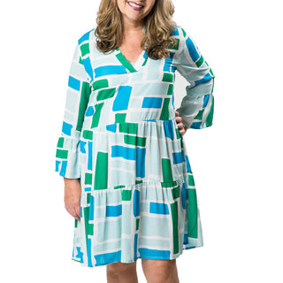 Turquoise, green and blue block printed tiered dress with long, bell sleeves and V-neck 