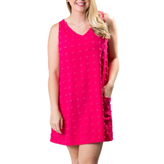 Hot pink sleeveless dress with V-neck, pockets, textured polka-dots