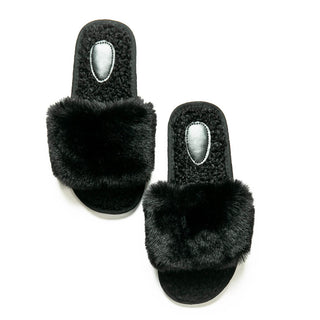 Black, faux fur open-toe slipper.