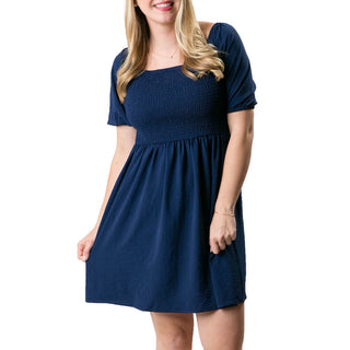 Navy Short Sleeve Dress with Smocking at Bust
