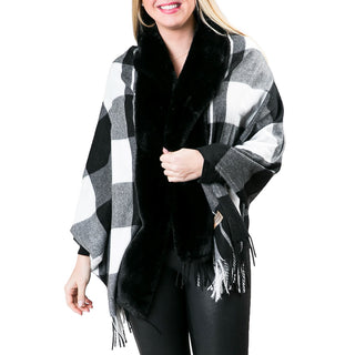 Black and White Plaid Wrap with Faux Fur and Fringe Detailing