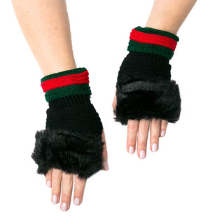 Black Taryn knit fingerless glove with faux fur trim at fingers and green and red trim at cuff