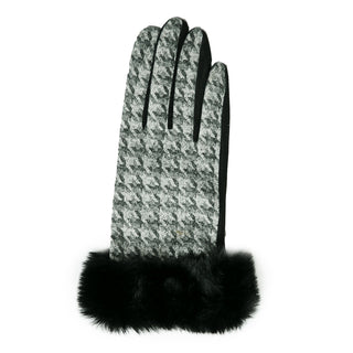 black hounds tooth texting gloves with black faux fur trim