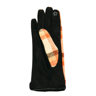Devin plaid texting glove in camel, orange and brown plaid palm view