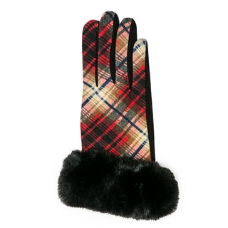 red plaid texting gloves for women with faux fur cuff