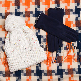 navy scalloped gloves with matching hat and scarf
