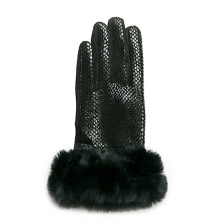 black Sylvia glove in snake print and faux fur cuff