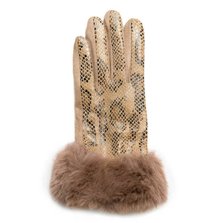 camel Sylvia glove in snake print and faux fur cuff