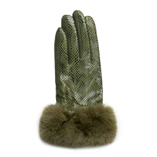 olive green Sylvia glove in snake print and faux fur cuff
