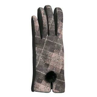 Browns and tans argyle plaid Edith touch screen glove with pom pom accent