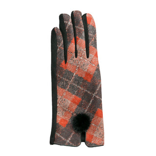 Orange and browns argyle plaid Edith touch screen glove with pom pom accent