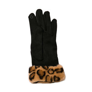 Black faux suede glove with tan leopard faux fur at wrist