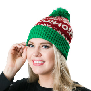 Red and Green Pom Pom Hat with Ho! Ho! Ho! Motif on model