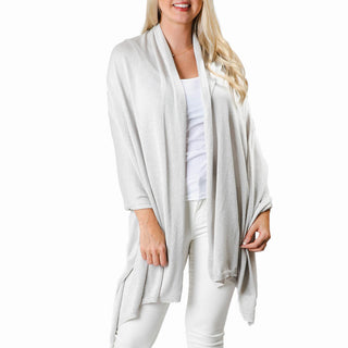 metallic silver bamboo shawl wrap with white jeans and top