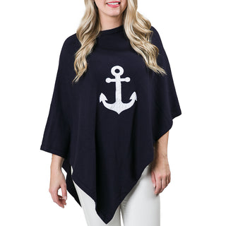 Navy One Size Poncho with White Cable Knit Anchor