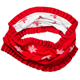 red with white snowflakes ruffle infinity scarf