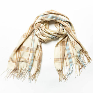 cream, brown and blue plaid Lynn scarf with fringe