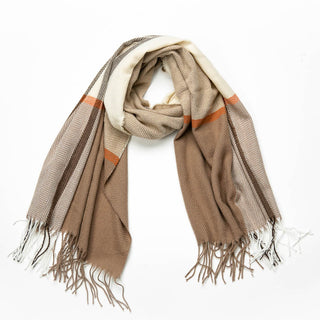 kathy plaid scarf with fringe in brown, camel and cream