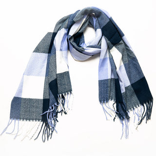 Blue, navy, white check plaid Carrie blanket scarf with fringe