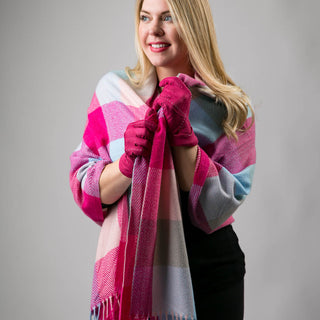 check plaid Carrie blanket scarf with fringe with hot pink gloves
