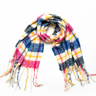 pink, blue, yellow and white plaid Indie blanket scarf with fringe