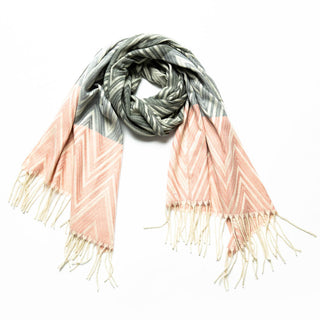 pink, gray and cream zig zag Talia scarf with cream fringe
