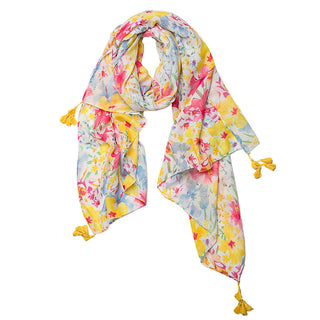 Yellow, Pink and Blue floral print 100% Polyester Scarf with Yellow Tassels on corners