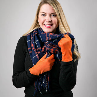 navy and orange plaid Willa scarf with fringe with orange Michele gloves