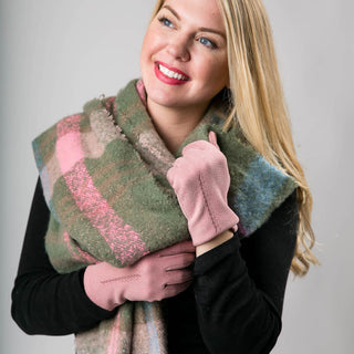 olive, light blue and pink plaid Zoey scarf with fringe with pink gloves