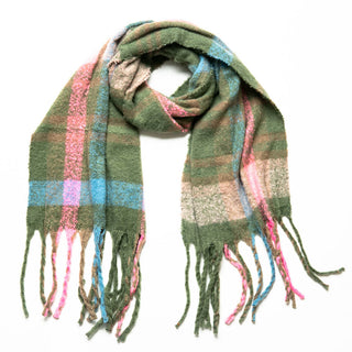 olive, light blue and pink plaid Zoey scarf with fringe