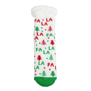 Slipper sock with red and green "Fa La La:" and green pine trees on white background.